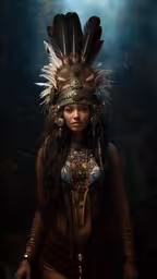 a woman in a native indian costume standing under the light,a woman in a feather headdress with feathers on her hair