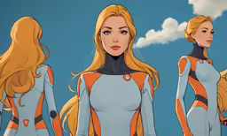 an animated female wearing futuristic clothes in front of clouds