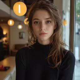 the young woman in the black sweater is standing near a window