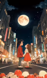 a boy and girl standing in front of a street filled with red balloons