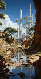 an alien futuristic landscape with the reflection of two buildings