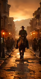 a cowboy on a horse at sunset with other people
