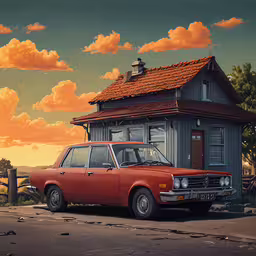 a car is parked in front of a small building,an old station wagon in front of a rural house