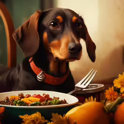 a brown and black dog sitting on top of a table