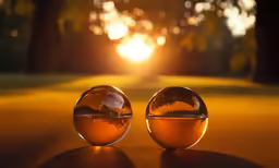 two spheres are in front of a setting sun
