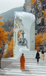 a woman in a red robe walking past steps