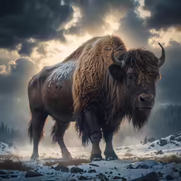 large bull standing in the middle of an open field under a stormy sky