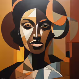 a painting of a woman with abstract shapes,a painting depicting an attractive woman with a hat