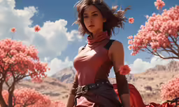 a woman in a red dress and an exotic landscape