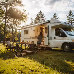 a person is setting up a camper while standing by an outdoor table