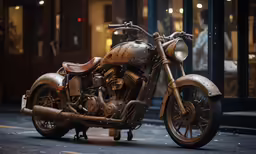 a very rusted out motorcycle parked by a building