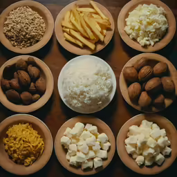 several bowls filled with different types of foods