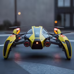 a yellow flying car with its wheels down on the road