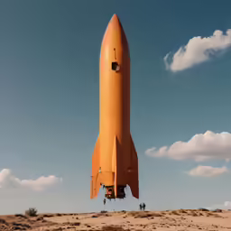 the orange rocket is flying in the sky