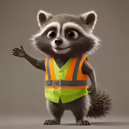 a raccoon wearing an orange safety vest