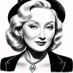 a black and white drawing of a woman wearing a hat