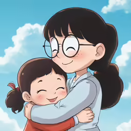 a mom hugs her child and the sky is behind