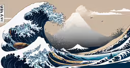 a large wave in front of the mountains,the great wave by an asian style painting