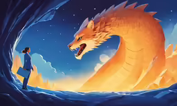 a woman looking at a large orange dragon