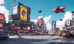 a city street with buildings and a giant sign