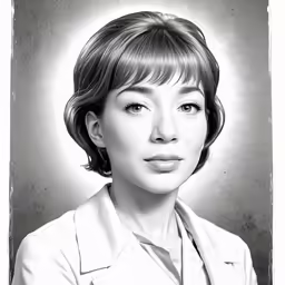 a woman in a white jacket is posing for a portrait