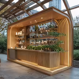 a store inside a building with a small potted tree and lights at the top of it