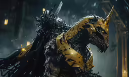a robot, with a horse like creature in his body, is standing on a stage