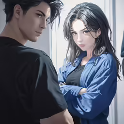 a couple standing together in a white room