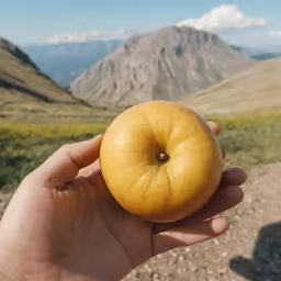 the person is holding an orange in their hand