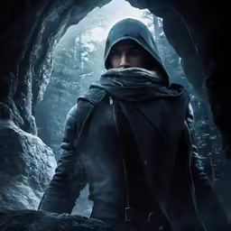a young man is standing in front of a cave with a hood on and looking to his left