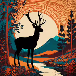 a large elk with long horns standing on the side of a lake,an illustration of a deer standing in a wilderness with a river and trees at night