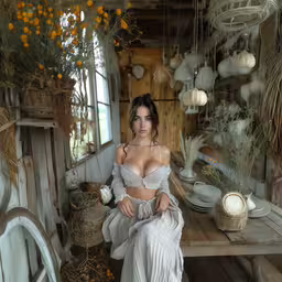 woman posing in a rustic store full of fake flowers,a girl sitting on a bench in the middle of an autumn setting