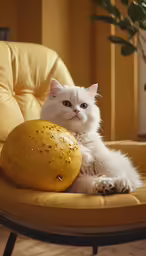 a cat sitting on top of a chair near a yellow ball