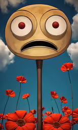 a painting depicting a funny face on a flower pole