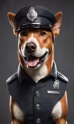 an adorable brown and white dog wearing a uniform,a smiling dog dressed up like a police officer