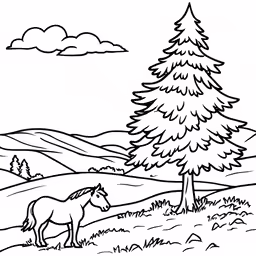 horse and tree in a field with mountains in the background