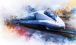 a futuristic train is speeding on the train track