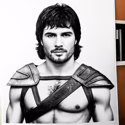 a black and white photo of a man wearing armor