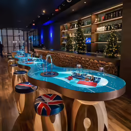 an elegant bar with a mirrored table and bench