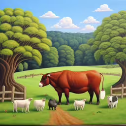 a painting of a cow and many sheep near some trees,cows, sheep and goats are in the field by the fence