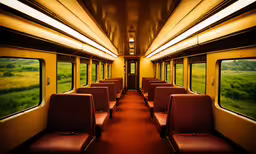 an empty train with a bright yellow wall,a room filled with red seats and windows