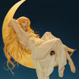 a woman is sitting on a half moon