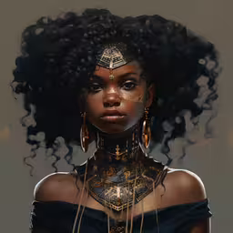 the digital painting depicts a black woman with large gold hoops,a painting of a woman with dark hair, with a metal head piece, earrings and chains