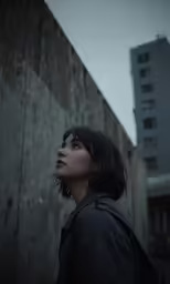 a woman in front of a building looking up