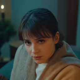 a young woman wrapped up looking off to the side