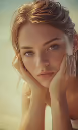 a woman posing for the camera in front of water