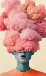 a woman with hair covered in pink cotton