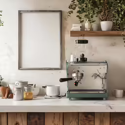 a table topped with cups and pots next to a framed photograph