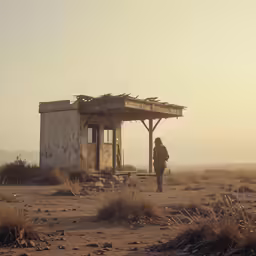 a lone man standing near a small structure