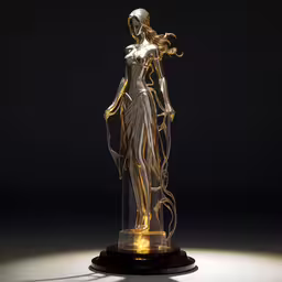 an artisticly designed lighted statue is shown,a golden statue is standing on top of a marble base